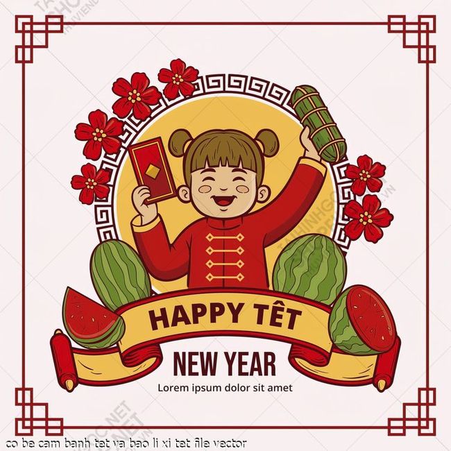 co be cam banh tet va bao li xi tet file vector